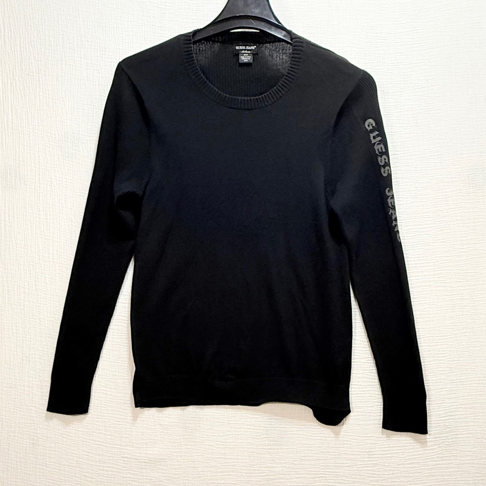 Guess Jeans Crewneck Sweater Mens Medium Black Logo Sleeve Pullover Grunge Goth